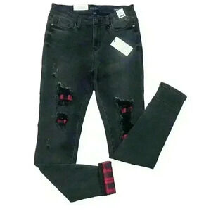 Judy Blue Jeans 7/28 Black Red Buffalo Plaid Check Cuff Skinny Fit Distressed